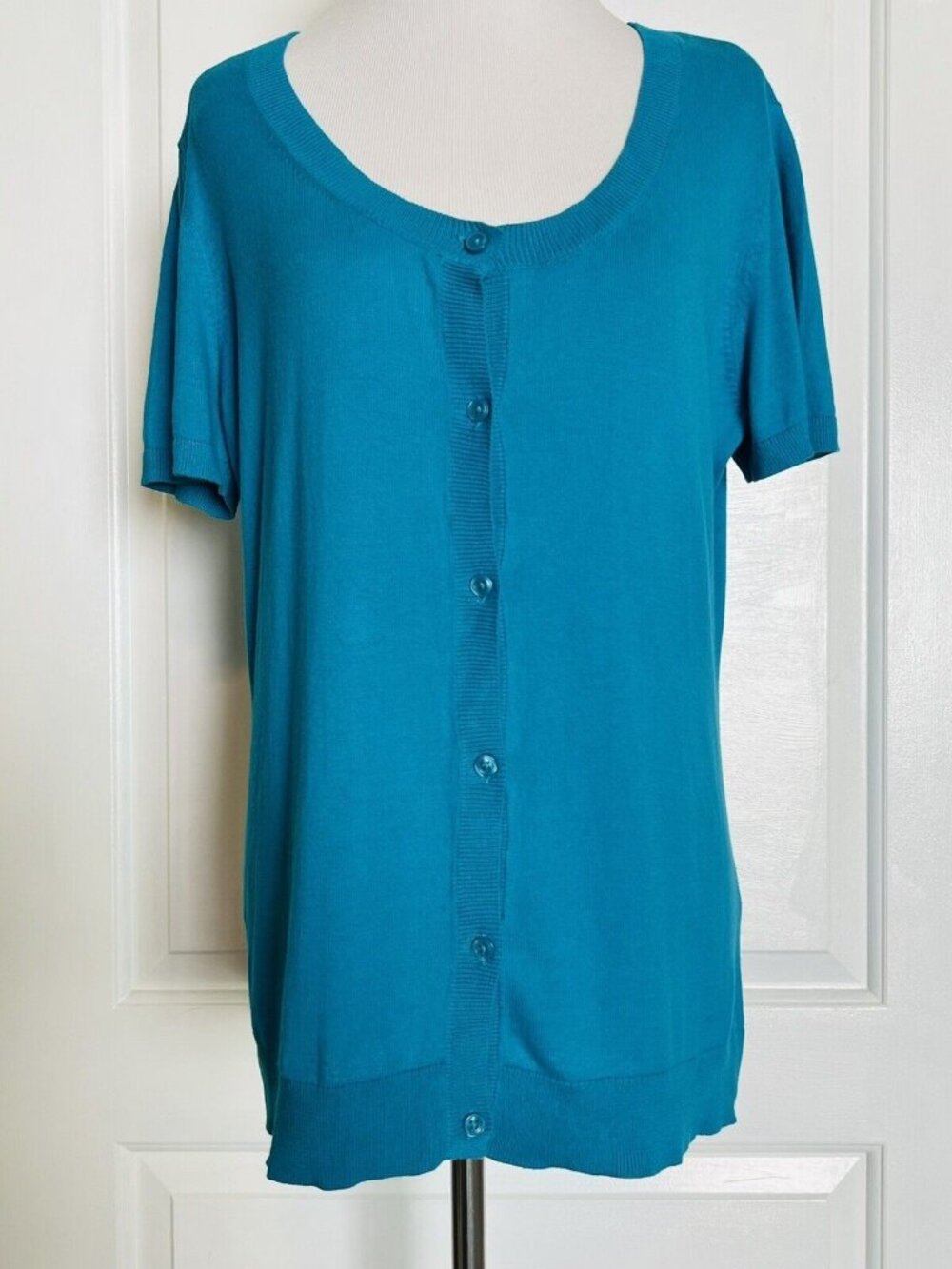 ANN TAYLOR Bright Blue Teal Button Front Cardigan Sweater Short Sleeve Knit L
